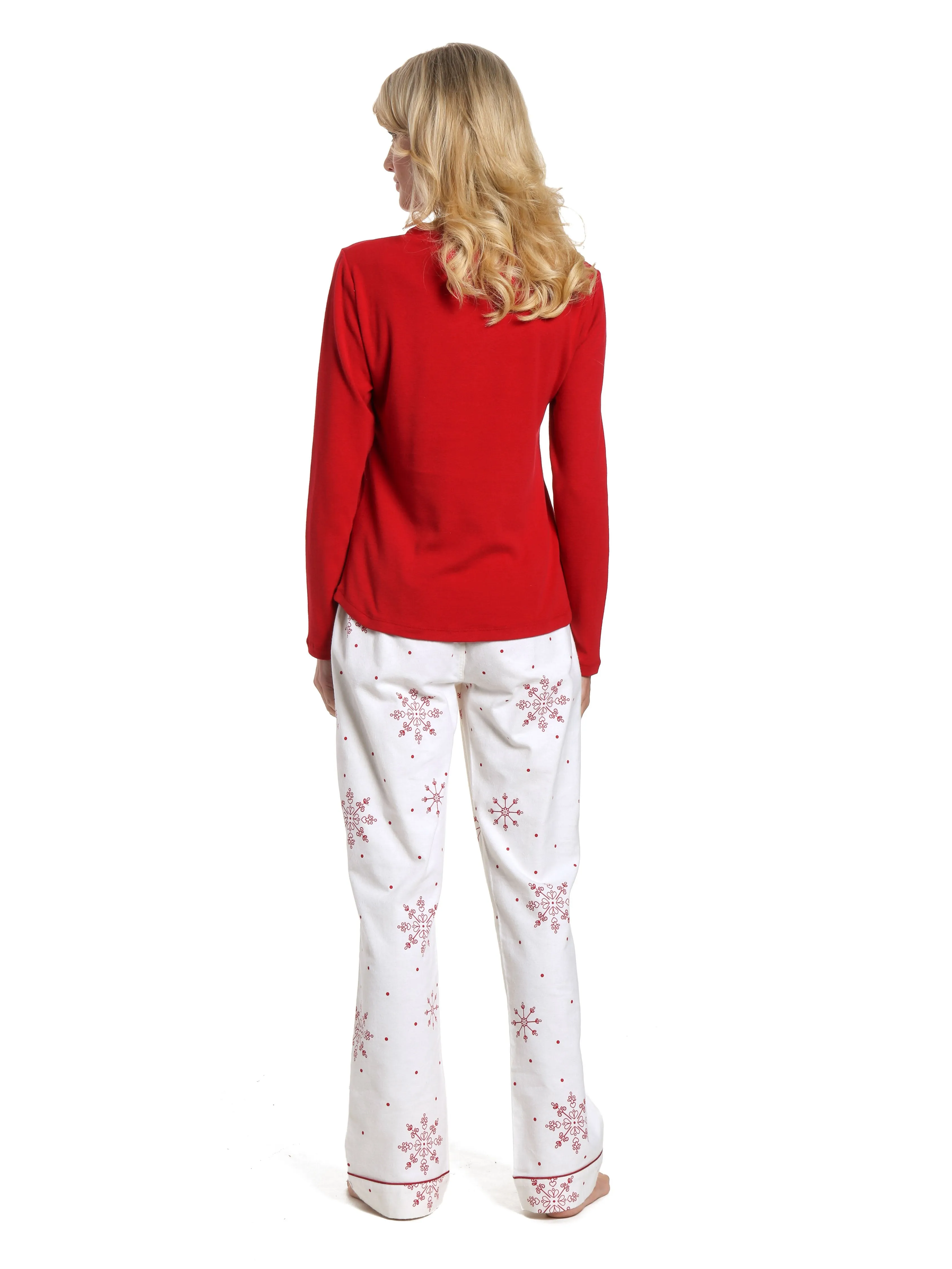 Womens Cotton Flannel Lounge Set with Henley Top - Lovely Snowflakes White-Red