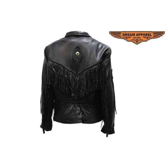 Womens Naked Cowhide Biker Jacket Zip Out Lining Side laces, Fringes, Conchos