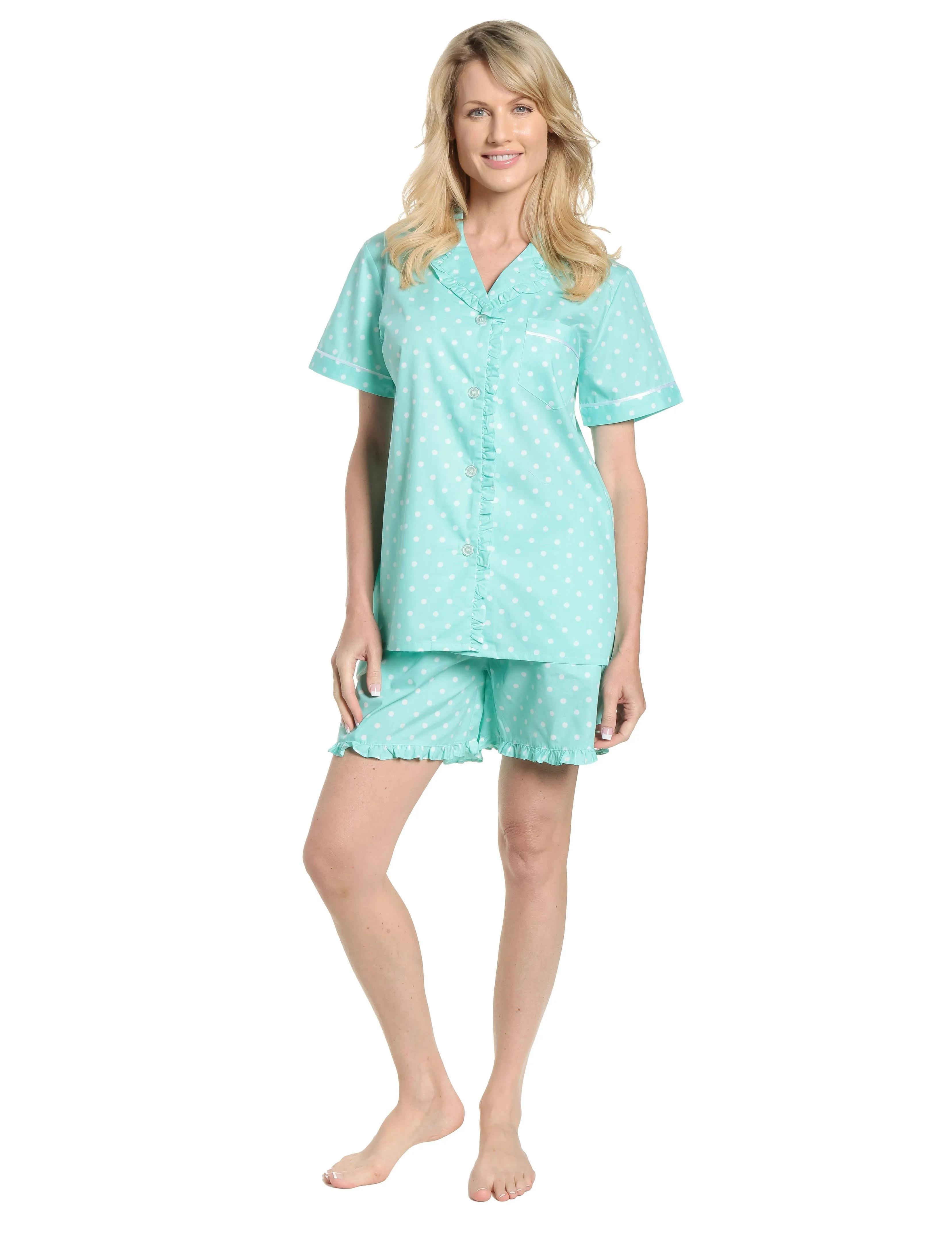 Womens Premium 100% Cotton Poplin Sort Pajama Set with Ruffles