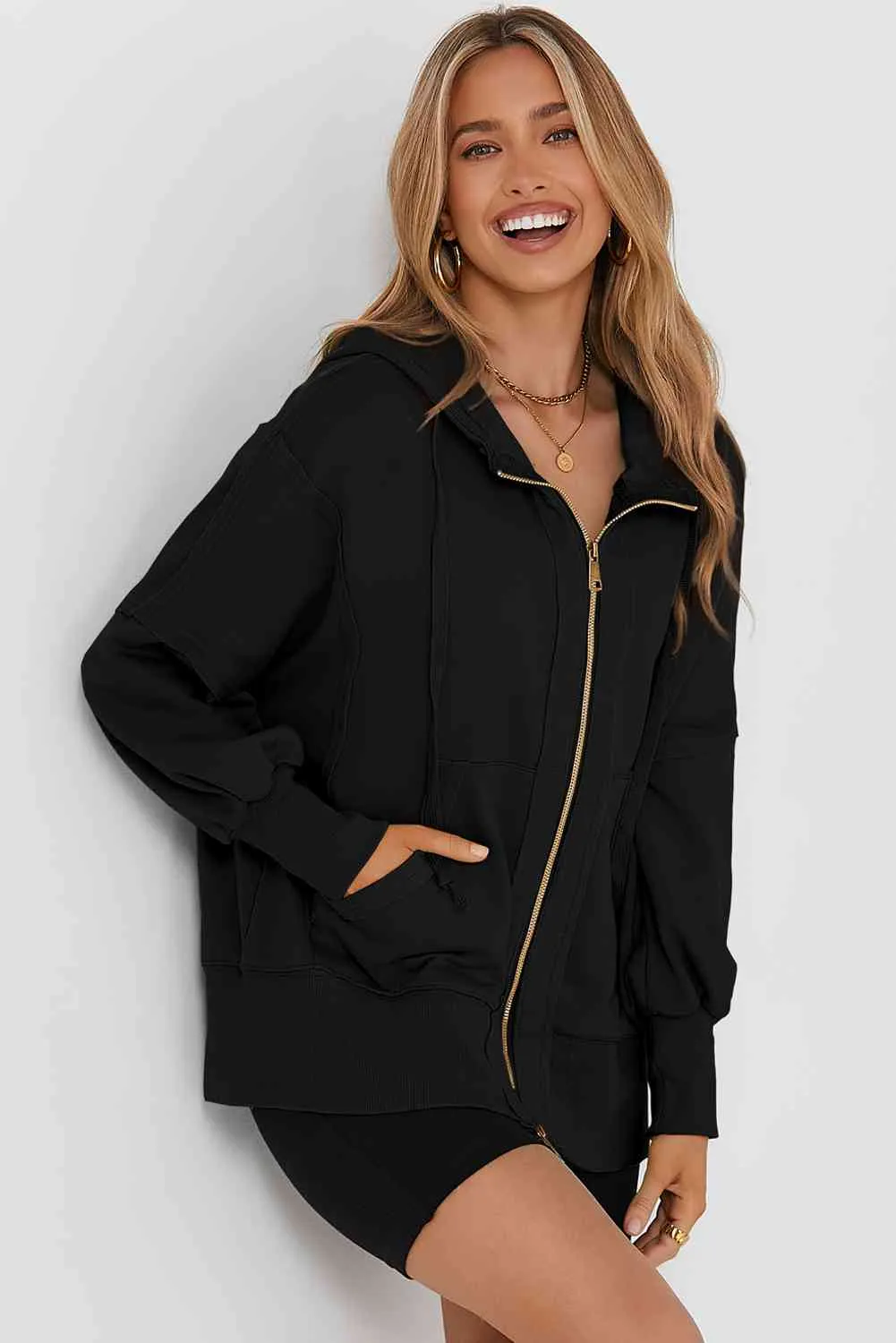 Zip Up Long Sleeve Drawstring Hoodie